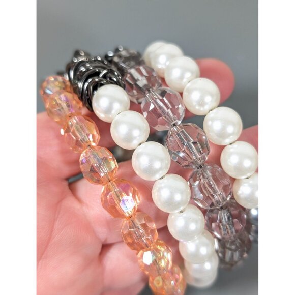 Pink Gray Faux Pearl Beaded Coil Bracelet Gray Metal Chain Wide 7.5" - Picture 5 of 9